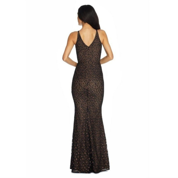 Dress the Population Helen Dress Black Tan Lace Trumpet Gown Maxi Leopard Size L - Picture 3 of 15